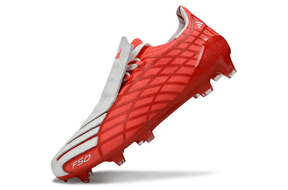 Chuteira Adidas F50 Elite FG Spider Branca e Vermelha com design inovador para futebolistas.