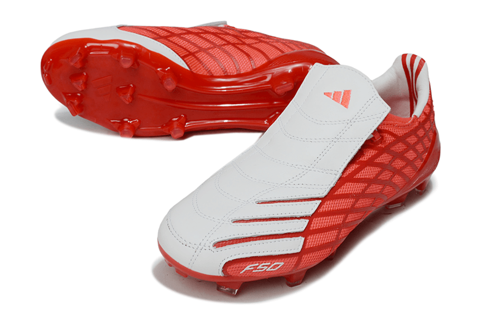 Chuteira Adidas F50 Elite FG Spider Branca e Vermelha com design inovador e tecnologia avançada para futebol.