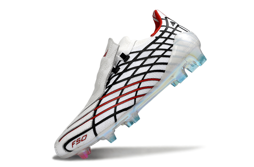 Chuteira Adidas F50 Elite FG Spider Branca e Vermelha com design inovador e tecnologia Spider para controle de bola.