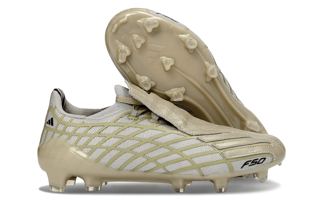 Chuteira Adidas F50 Elite FG Spider Dourada, destacando estilo e desempenho para futebolistas.