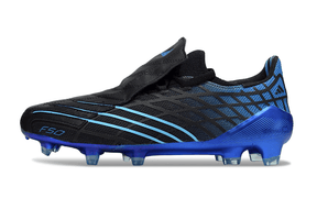 Chuteira Adidas F50 Elite FG Spider Preta e Azul com design aerodinâmico para futebol em campos naturais.
