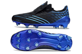 Chuteira Adidas F50 Elite FG Spider Preta e Azul com sola azul e design aerodinâmico para desempenho em campos naturais.