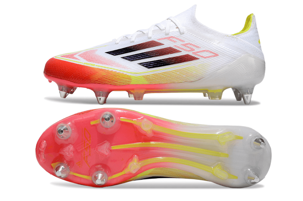 Chuteira Adidas F50 Elite SG - Branco e Laranja - design vibrante com sola adaptada para campos molhados