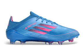 Chuteira Adidas F50 FG Azul e Rosa para desempenho em campo, ideal para jogadores que buscam velocidade.