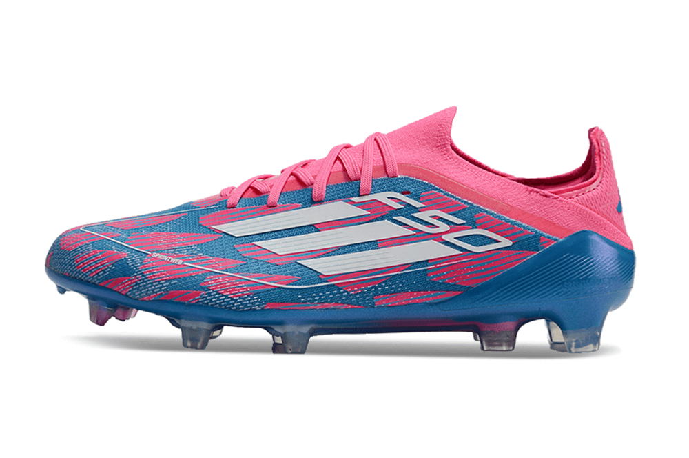Chuteira Adidas F50 FG Elite Azul e Rosa com design vibrante e tecnologia de ponta para desempenho em campo.