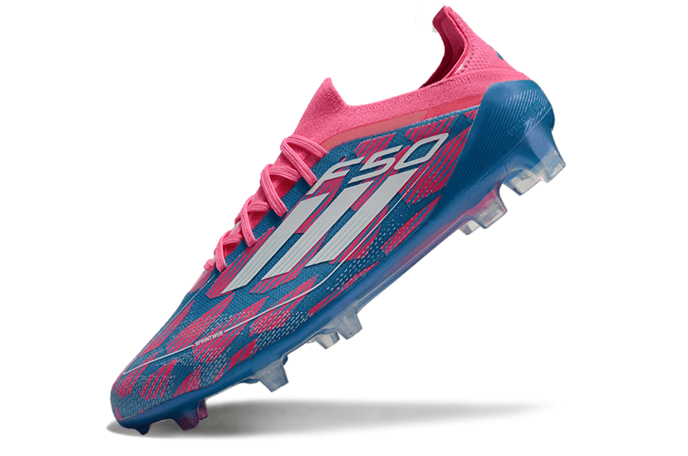 Chuteira Adidas F50 FG Elite Azul e Rosa, destacando seu design inovador e cores vibrantes.