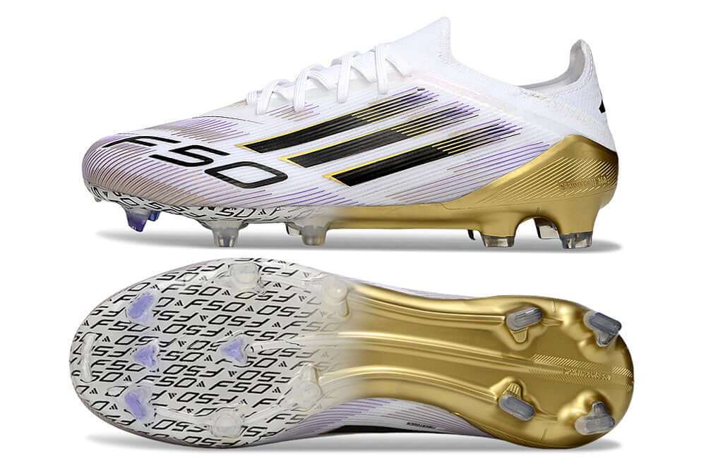 Chuteira Adidas F50 FG Elite Branca e Dourada com design leve e tecnologias avançadas para alto desempenho.