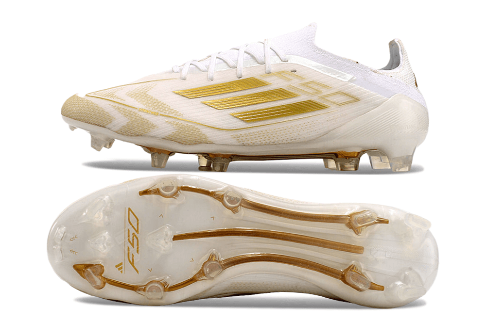 Chuteira Adidas F50 FG Elite Branca e Dourada com design elegante em branco e detalhes dourados