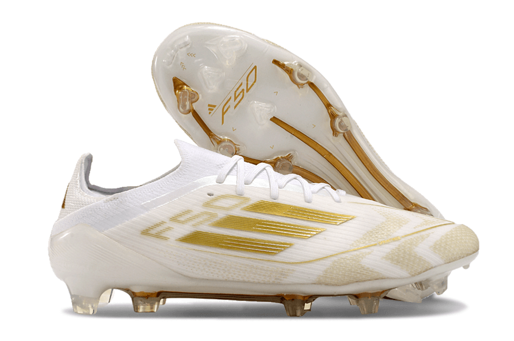 Chuteira Adidas F50 FG Elite Branca e Dourada com design elegante e tecnologia de ponta para desempenho em campo.