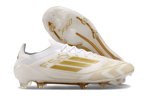 Chuteira Adidas F50 FG Elite Branca e Dourada com design elegante e tecnologia de ponta para desempenho em campo.