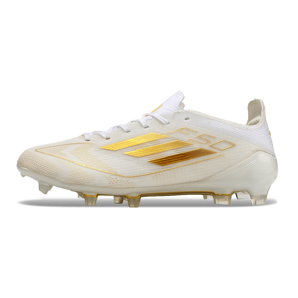Chuteira Adidas F50 FG Elite Branca e Dourada com design elegante e detalhes em dourado