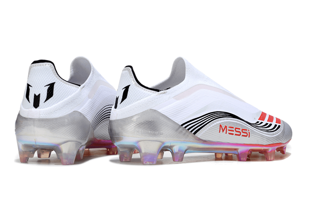 Chuteira Adidas F50 FG Elite Branca Ed. Especial "Messi" com detalhes em vermelho e prata, perfeita para o desempenho em campo.