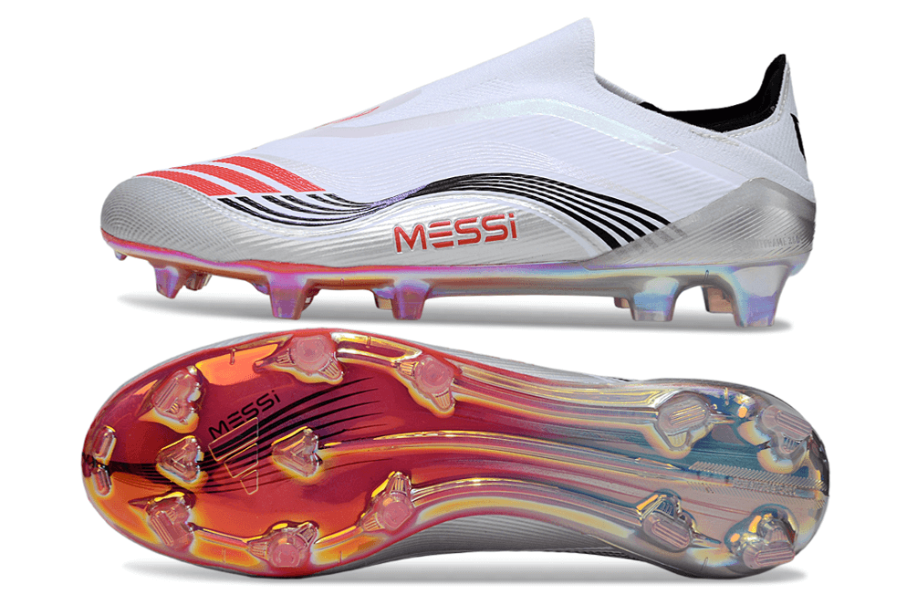 Chuteira Adidas F50 FG Elite Branca Ed. Especial "Messi" com design moderno e sola colorida.
