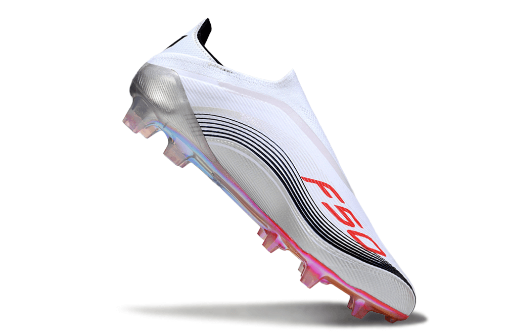 Chuteira Adidas F50 FG Elite Branca Ed. Especial "Messi" com design aerodinâmico e cores vibrantes.