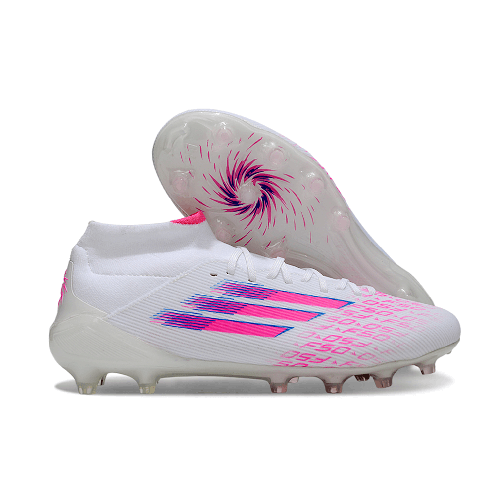 Chuteira Adidas F50 FG Elite Bota - Branca e Rosa com design inovador e modernidade.
