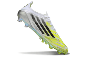 Chuteira Adidas F50 FG Elite - Branca e Verde, modelo de futebol com design aerodinâmico e cores vibrantes.