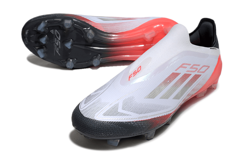 Chuteira Adidas F50 FG Elite Branca, Vermelha e Preta com design leve e moderno.