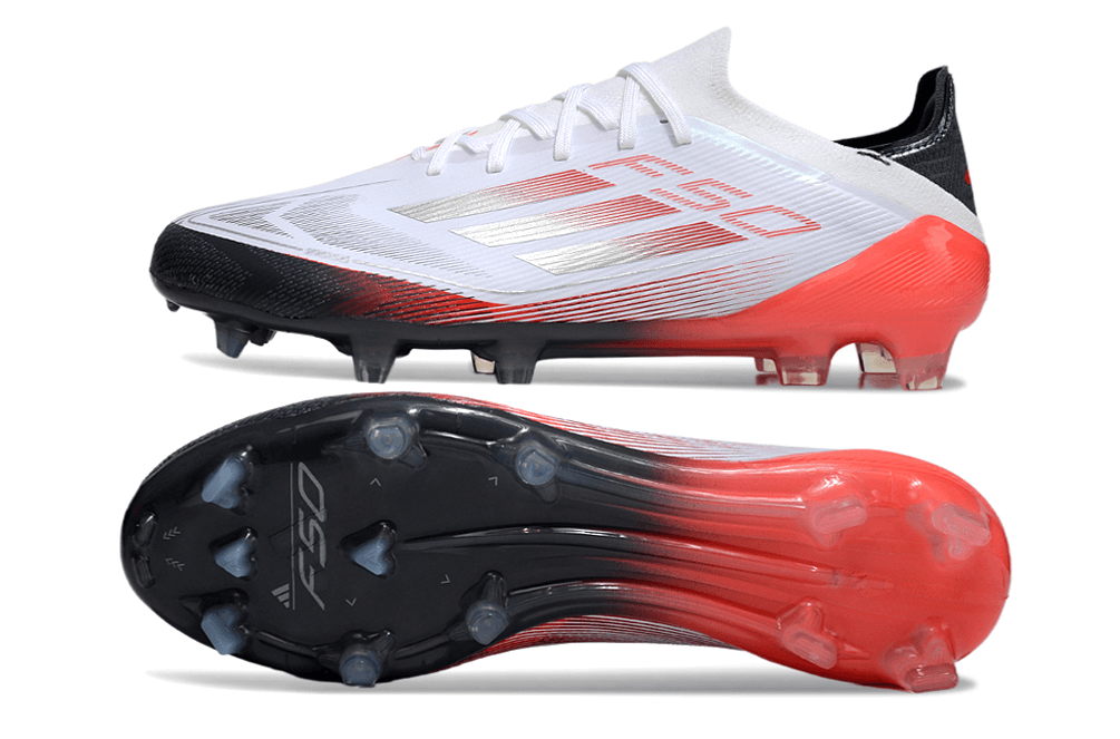 Chuteira Adidas F50 FG Elite Branca, Vermelha e Preta com design moderno e solado de alta performance.