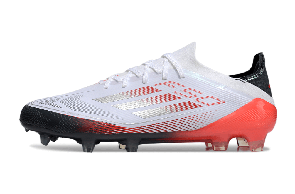 Chuteira Adidas F50 FG Elite Branca, Vermelha e Preta lado esquerdo em fundo branco