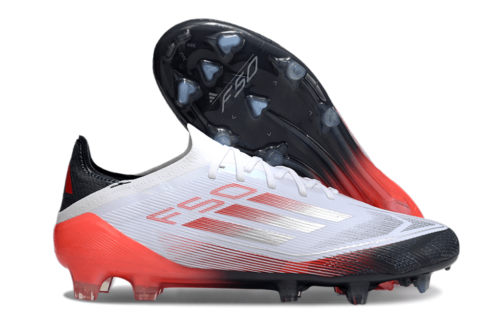 Chuteira Adidas F50 FG Elite Branca, Vermelha e Preta com design moderno e tecnologia de ponta para performance em campo.
