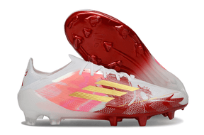 Chuteira Adidas F50 FG Elite Ed. "MO Salah" Vermelha com design vibrante e sola FG para desempenho em campo.