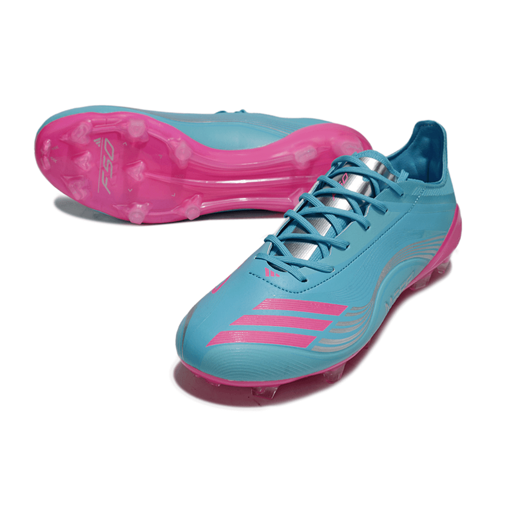 Chuteira Adidas F50 FG Elite - Ed. "Messi" Azul com cor vibrante e sola firme para alto desempenho no futebol.