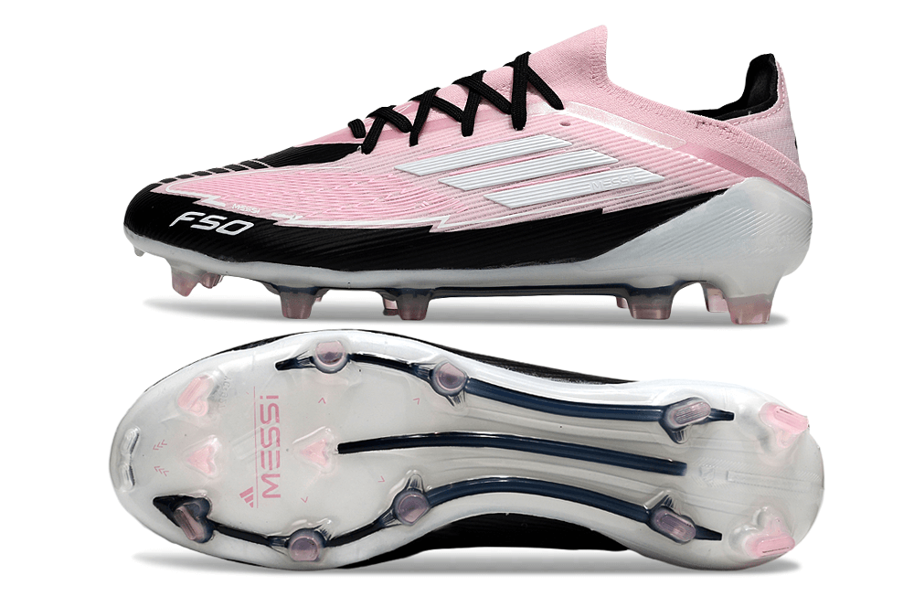 Chuteira Adidas F50 FG Elite "Messi" Cinza e Preta vista de cima e abaixo, mostrando design e tecnologia.