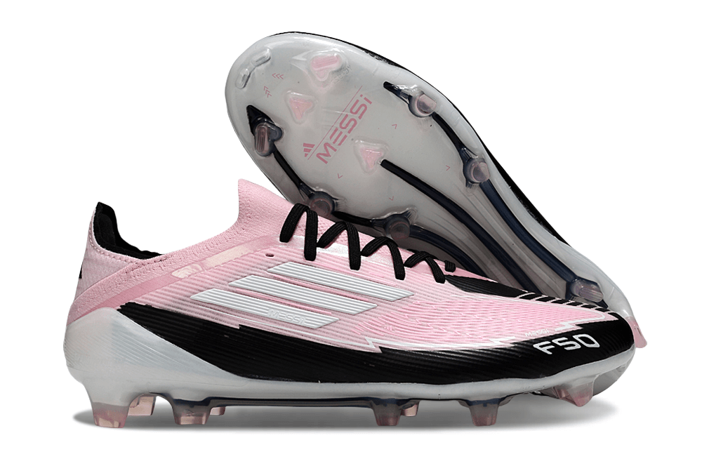 Chuteira Adidas F50 FG Elite "Messi" Cinza e Preta vista lateral e inferior, design moderno para desempenho em campo.