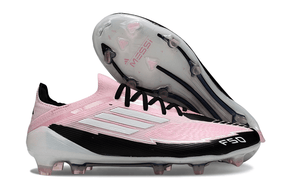 Chuteira Adidas F50 FG Elite "Messi" Cinza e Preta vista lateral e inferior, design moderno para desempenho em campo.