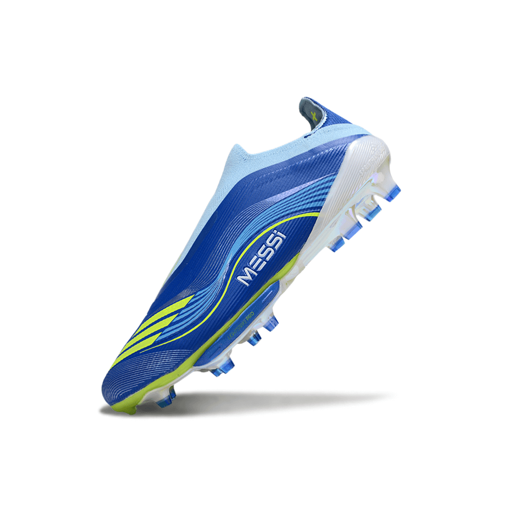 Chuteira Adidas F50 FG Elite - Ed. "Messi" Azul com design icônico e sola FG para desempenho em campo.