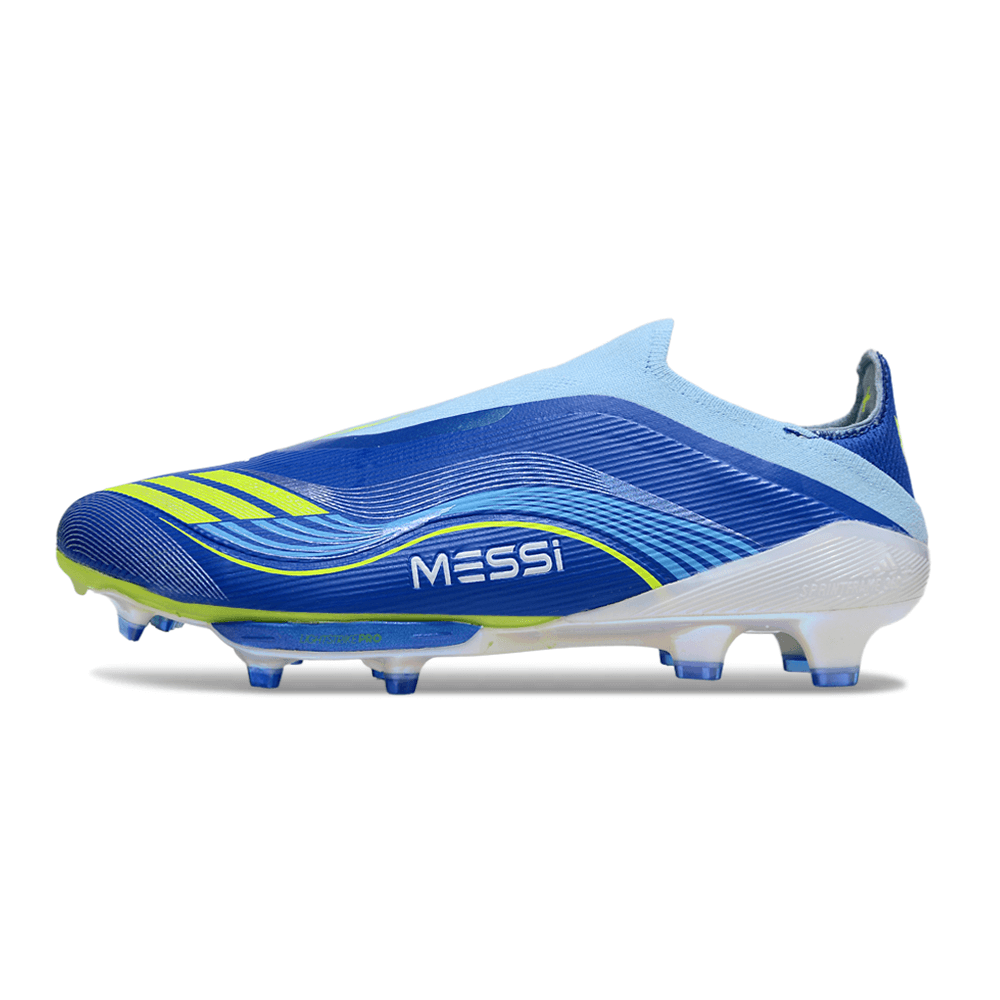Chuteira Adidas F50 FG Elite - Ed. "Messi" Azul com design aerodinâmico e tecnologia de ponta para performance em campo.