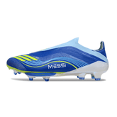 Chuteira Adidas F50 FG Elite - Ed. "Messi" Azul com design aerodinâmico e tecnologia de ponta para performance em campo.