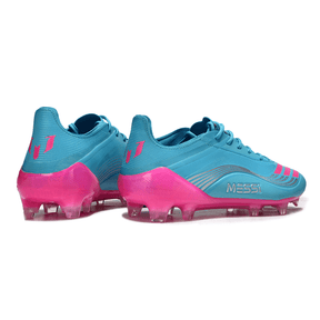 Chuteira Adidas F50 FG Elite - Ed. "Messi" Azul vista traseira com detalhes em rosa vibrante.
