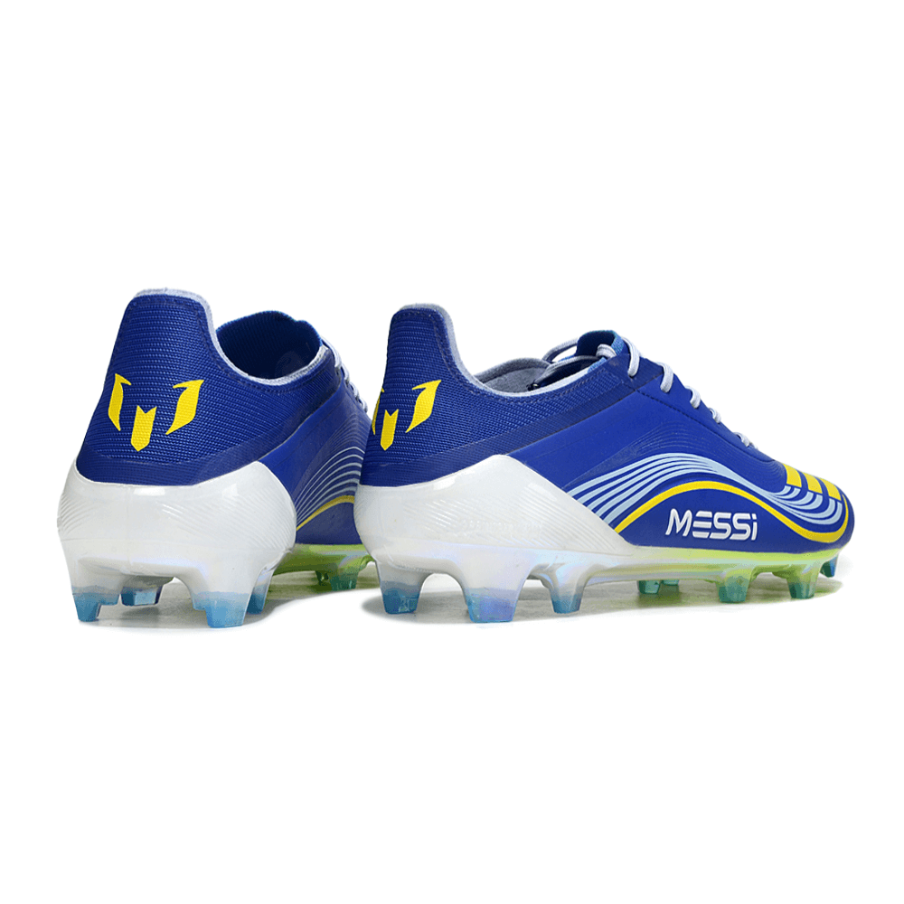 Chuteira Adidas F50 FG Elite - Ed. "Messi" Azul - Vista traseira mostrando design vibrante e tecnologia de desempenho.