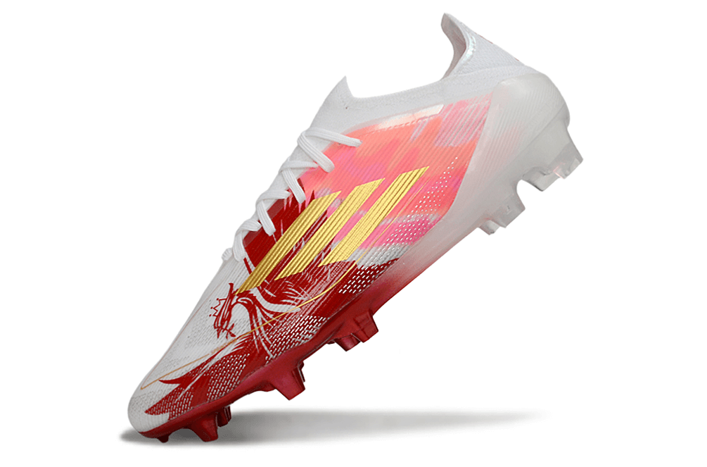 Chuteira Adidas F50 FG Elite Ed. "MO Salah" Vermelha em design vibrante e tecnológico.