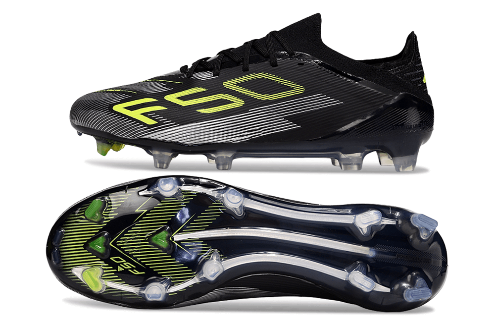 Chuteira Adidas F50 FG Elite Preta e Amarela com design arrojado e tecnologia de ponta para desempenho em campo.