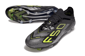 Chuteira Adidas F50 FG Elite Preta e Amarela com design arrojado e solado para performance no campo.