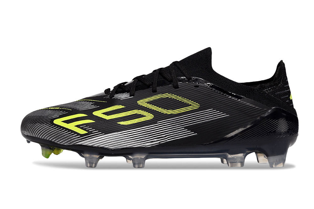 Chuteira Adidas F50 FG Elite Preta e Amarela com design arrojado e tecnologia de ponta para performance em campo.