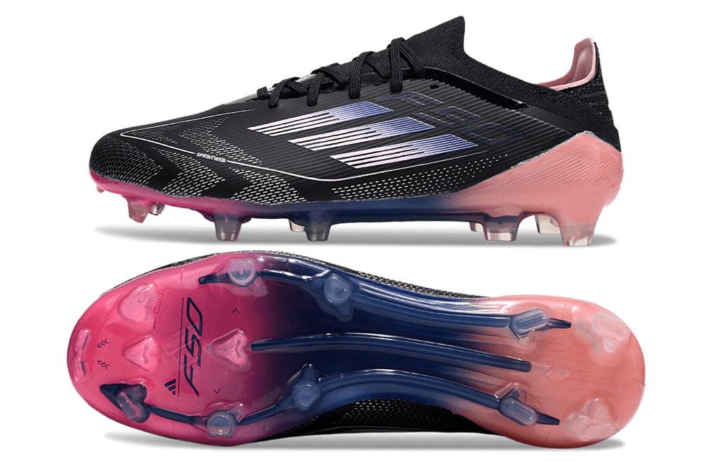 Chuteira Adidas F50 FG Elite Preta e Azul, com design elegante e tecnologia avançada para desempenho em campo.