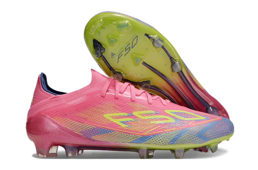 Chuteira Adidas F50 FG Elite Rosa com design arrojado e solado FG para desempenho em campo.