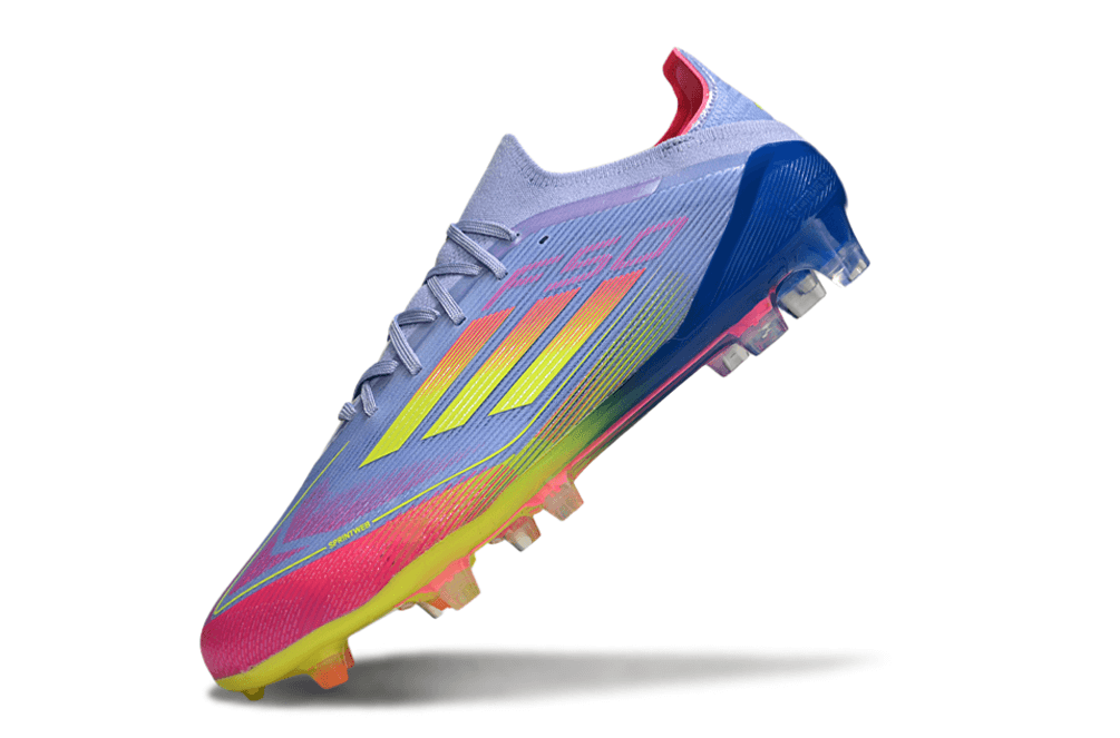 Chuteira Adidas F50 FG Elite Roxa, Rosa e Verde com design inovador e desempenho excepcional em campo.
