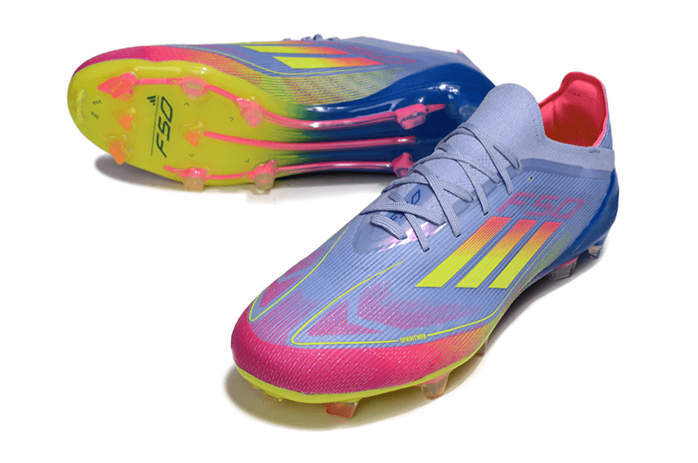 Chuteira Adidas F50 FG Elite Roxa, Rosa e Verde com design inovador e tecnologia de ponta para desempenho em campo.