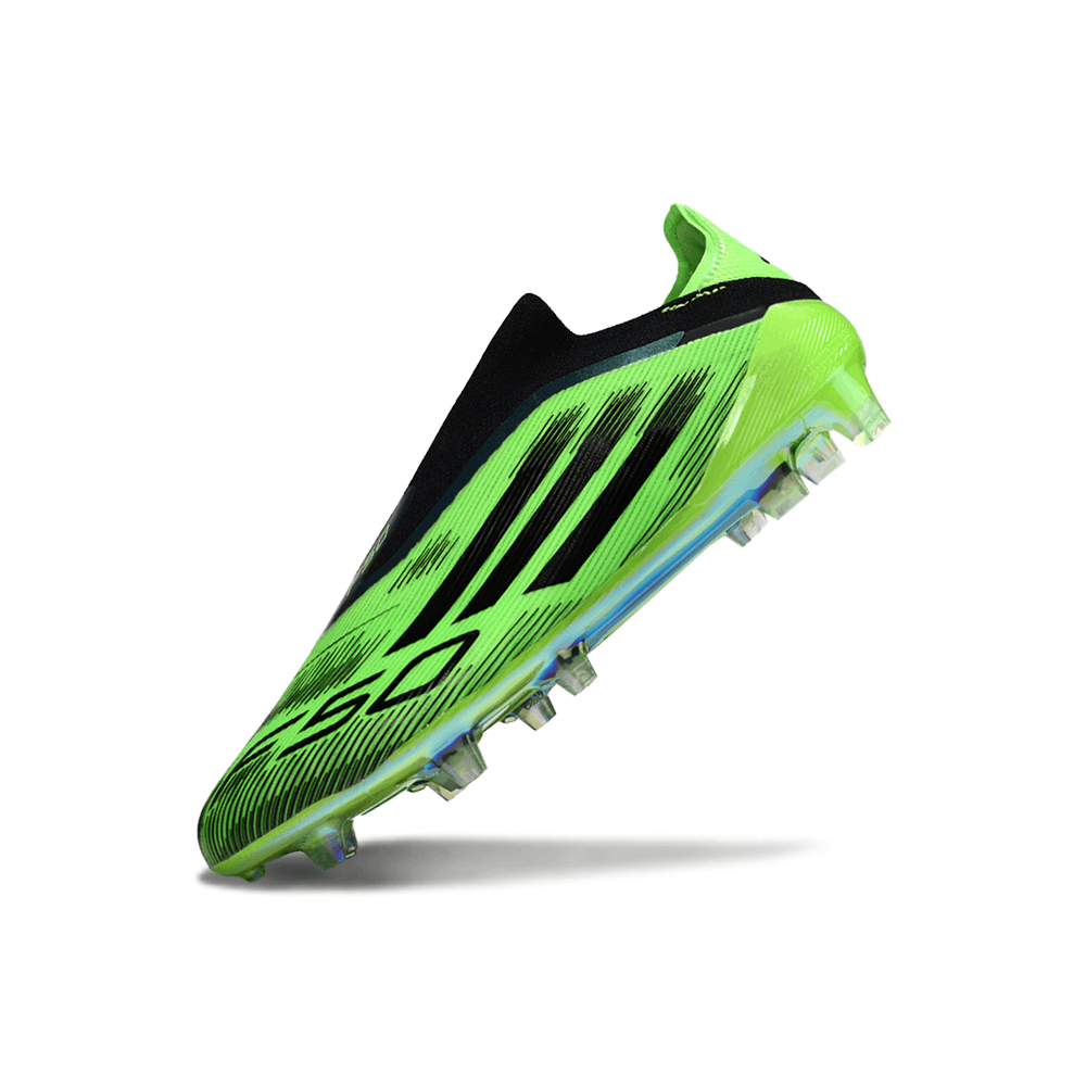 Chuteira Adidas F50 FG Elite Sparkfusion Verde e Preta com design aerodinâmico em verde neon e preto.