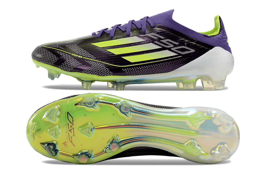Chuteira Adidas F50 FG Roxa e Verde "Fast Reborn" com design moderno e tecnologia avançada.