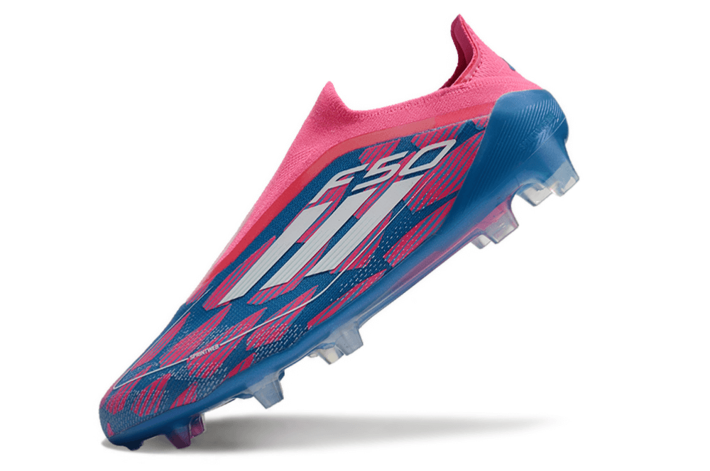 Chuteira Adidas F50 LL FG - Azul e Rosa em destaque, projetada para velocidade e conforto nos campos.
