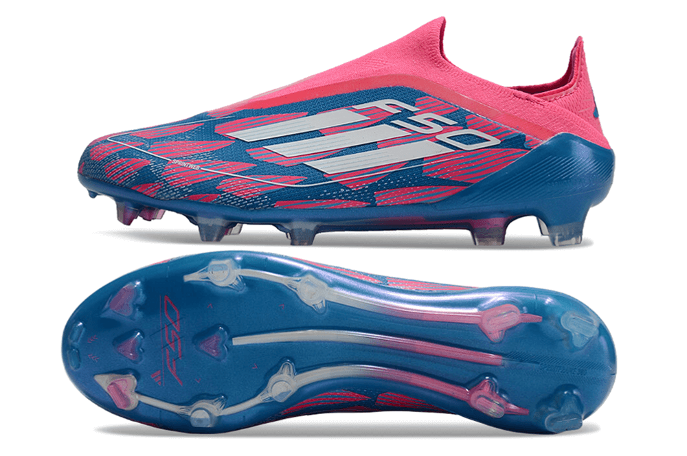 Chuteira Adidas F50 LL FG - Azul e Rosa com design inovador e sola FG, ideal para desempenho em campo.