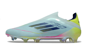 Chuteira Adidas F50 LL FG - Azul e Verde lateral em fundo branco, com detalhes em azul e amarelo.