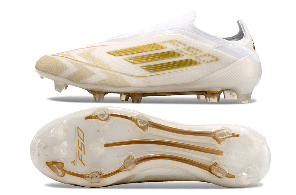 Chuteira Adidas F50 LL FG - Branca e Dourada, visual e tecnologia avançada para performance em campo.