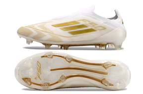 Chuteira Adidas F50 LL FG - Branca e Dourada, visual e tecnologia avançada para performance em campo.
