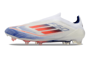 Chuteira Adidas F50 LL FG - Branca, Laranja e Azul com design moderno e tecnologia avançada para futebol.